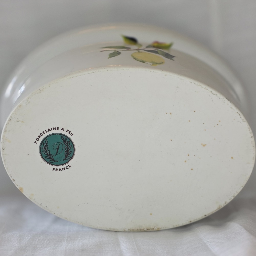 Vintage Porcelaine a Feu France Oval Casserole Dish with Lid Lemon Botanical - Picture 5 of 9